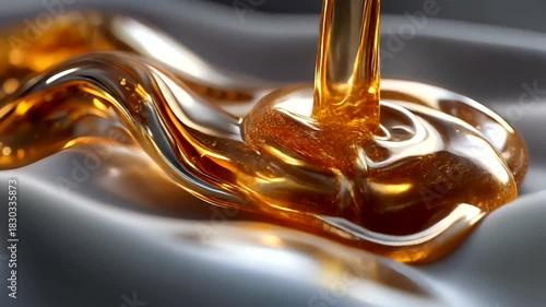 Captivating close-up of golden fluid cascading onto iridescent, luxurious fabric surface creating