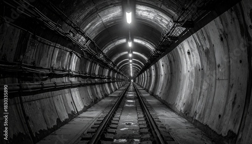 Monochrome Black and White Perspective of Long Underground Subway Tunnel
