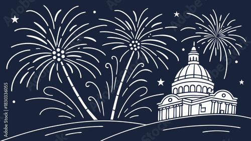 Celebrate America with a stunning fireworks display over the Capitol building, perfect for patriotic holidays and national events, a vector design for print