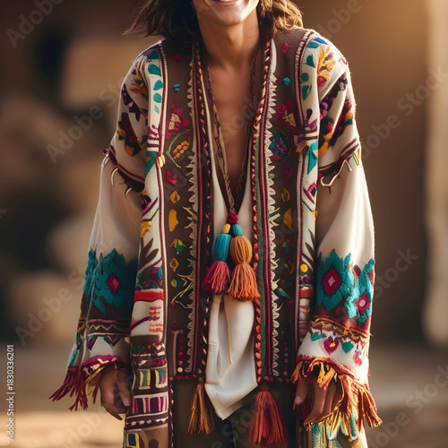 Earth-toned bohemian embroidered cardigan with folk patterns, tassels.