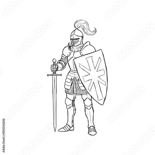 Medieval Knight Sketch Vector Illustration Standing in Full Armor with Sword and Shield Line Art Isolated on White Background
