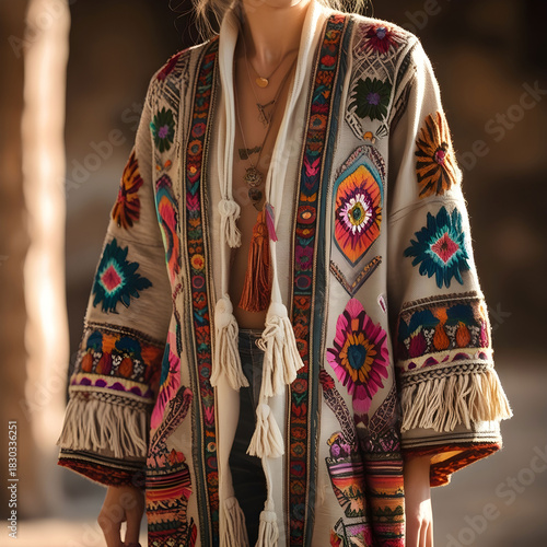 Earth-toned bohemian embroidered cardigan with folk patterns, tassels.