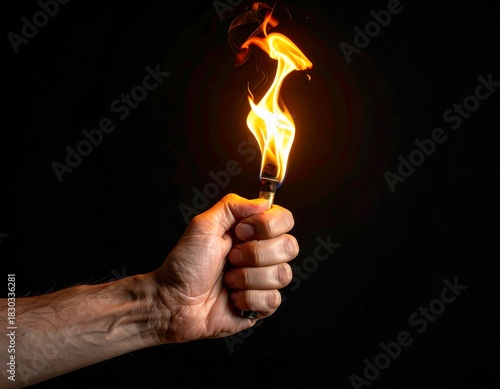 A close-up shot of a hand holding a lit match against a pitch-black background. The orange flames dance upwards