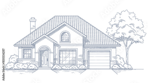 Suburban House Blueprint Sketch: Hand-Drawn Blue Outline Illustration for Architecture & Home Design