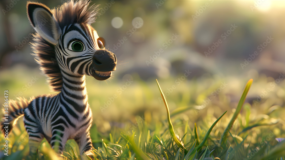 Fototapeta premium Adorable Baby zebra with fluffy striped fur