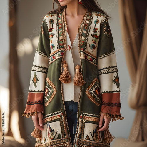 Earth-toned bohemian embroidered cardigan with folk patterns, tassels.