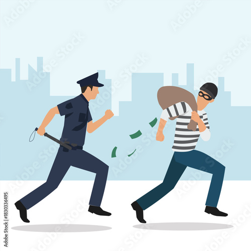 The police are chasing a money robber. He is running fast through the city center.