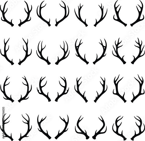 Grid of stylized antler silhouettes in black showcasing diverse horn shapes for wildlife, hunting, and animal design concepts