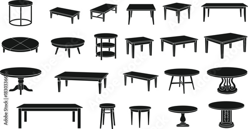 Collection of black silhouette table designs featuring coffee, dining, and accent styles with diverse shapes and leg structures