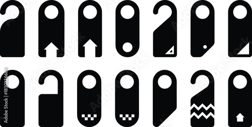 Set of black and white door hanger icons featuring various shapes, cutouts, and symbols for signage and hospitality design