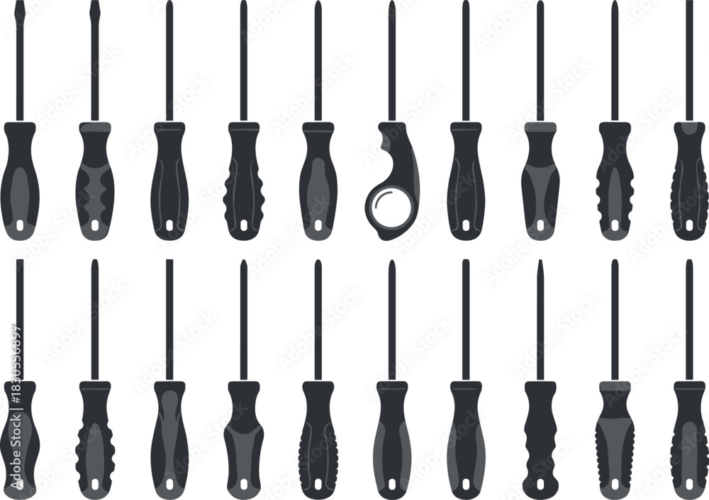Naklejka premium Silhouettes of Diverse Screwdriver Designs – Flathead and Phillips Hand Tools with Ergonomic Handles for Hardware, Repair, and DIY Concepts