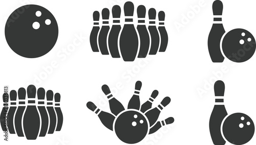 Silhouettes of Bowling Balls and Pins in Action and Static Arrangements – Sports Equipment Icons for Bowling Game and Recreation Design