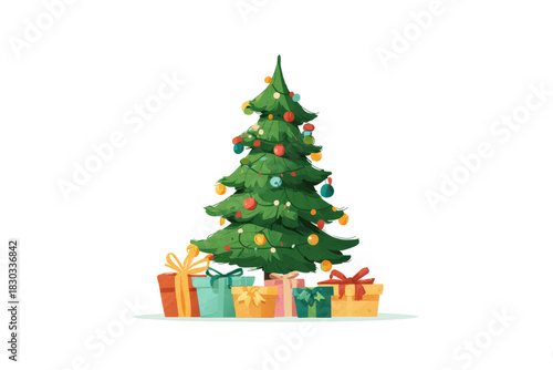 Golden ribbon, star, and ball ornaments decorate a green pine fir Christmas tree with gifts and present boxes, celebrating the new winter holiday season