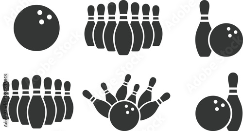 Silhouettes of Bowling Balls and Pins in Various Arrangements – Sports Equipment and Gameplay Icons for Bowling Design and Recreation Concepts
