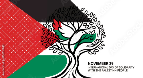 Graphic illustration for International Day of Solidarity with the Palestinian People, featuring the Palestinian flag, a dove, and a tree.