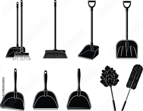 Silhouettes of Cleaning Tools Including Brooms, Dustpans, Shovels, and Dusters – Essential Equipment for Housekeeping, Janitorial, and Sanitation Design