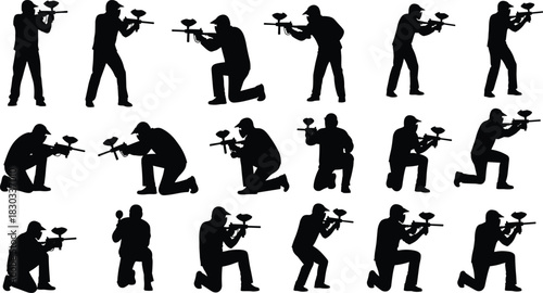 Silhouettes of Paintball Players in Action Poses with Guns and Masks – Tactical Sports Figures for Competitive Game Design Concepts