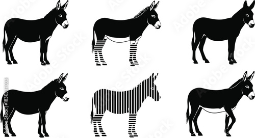 Stylized Donkey Silhouettes with Striped and Solid Patterns – Creative Animal Vector Illustrations for Wildlife, Nature, and Design Concepts