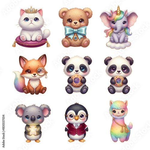 Hyper-Realistic Cute Kawaii Animals Set Unicorn Elephant, Princess Cat, and Panda Vector Illustration