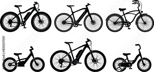 Silhouettes of Various Bicycle Types – Mountain, Road, Cruiser, and Kids Bikes for Transportation, Sport, and Lifestyle Vector Design Concepts