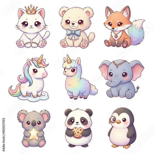 Magical Kawaii Animal Set Princess Cat, Unicorn, Llama, and Koala Adorable Vector Collection