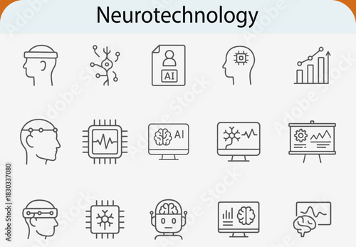 neurotechnology brain mind interface line icon set, modern ai vector