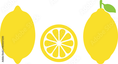 Lemon cut slices vector set. Whole, half and slice chopped lemon fruit, Yellow lemon slice, vector illustration