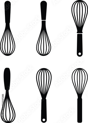 Set of Minimalist black wire whisk kitchen utensil silhouette vector icon