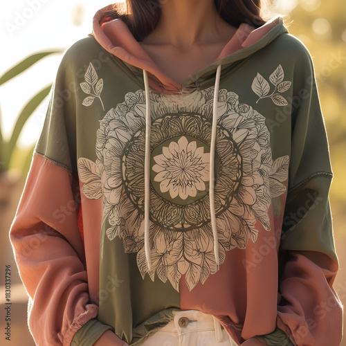 Earth-toned boho hoodie with hand-drawn mandala line art, nature-inspired graphic.