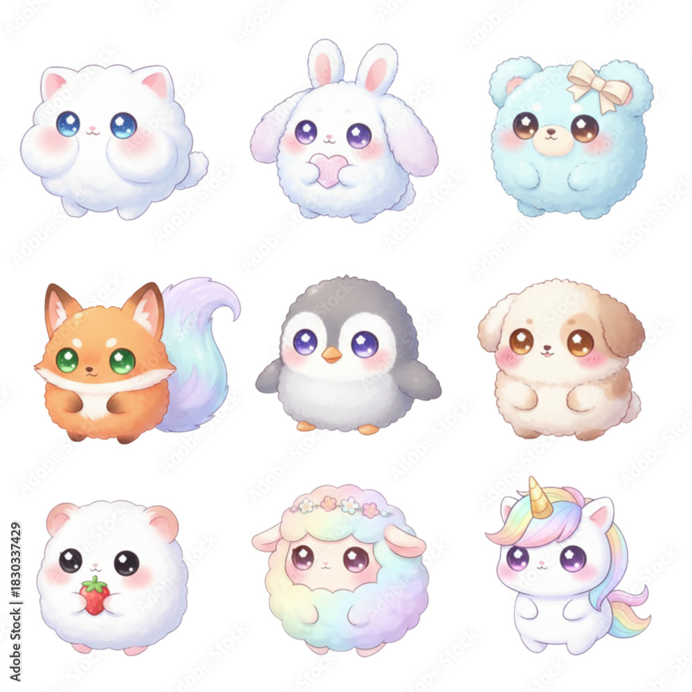 Obraz premium Cute Fluffy Chibi Animals Set Vector Illustration