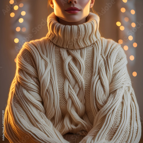 Oversized cream cable-knit sweater with chunky texture, cozy turtleneck.