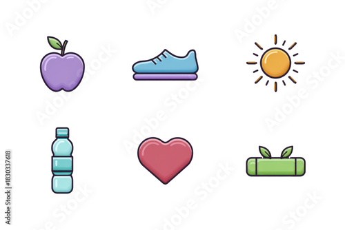 Set of vector icons for web: healthy food and fruit illustration collection including apple, pear, tomato, and leaf symbols