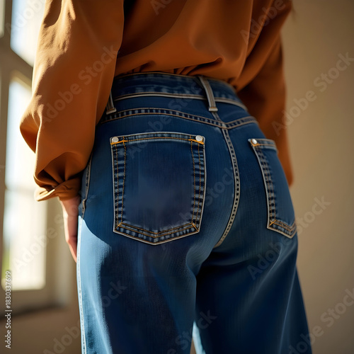 Deep-blue flared denim with a structured high waist, subtle stitching.