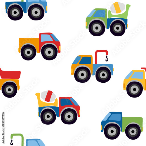 Seamless pattern with cars with big wheels. Trucks, cranes, concrete mixers on white background. 
