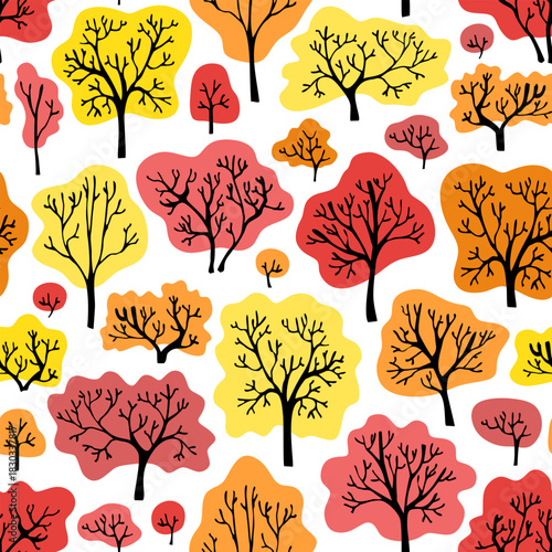Trees with red, orange and yellow crowns on white background. Autumn forest. ...