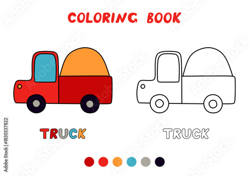 Coloring book with truck. Simple task for children - color according to the sample