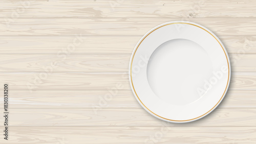 Top view of empty circle dish on wooden background