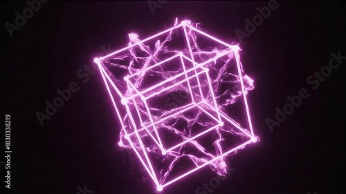 Glowing Purple Neon Tesseract Hypercube Rotating In Dark Void