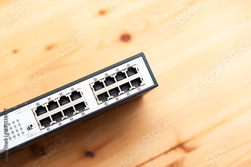 Tech office equipment setup aerial view of network switch installation for modern workspaces