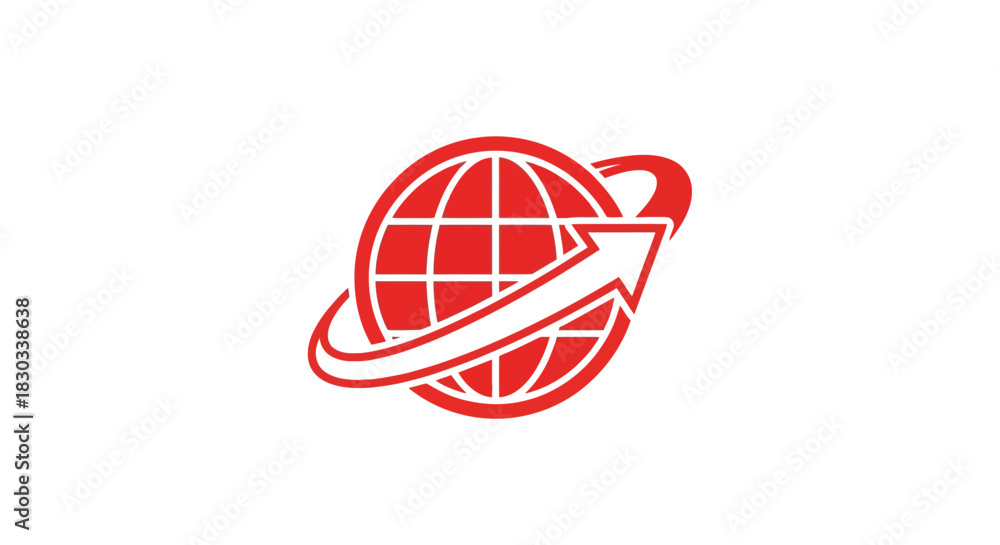 Naklejka premium Red globe with arrow wrapping around it on a white background.