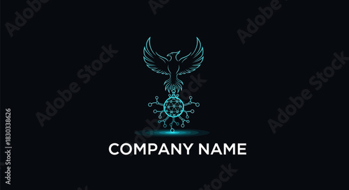 A digital logo featuring a phoenix perched atop a stylized virus molecule, set against a dark background.
