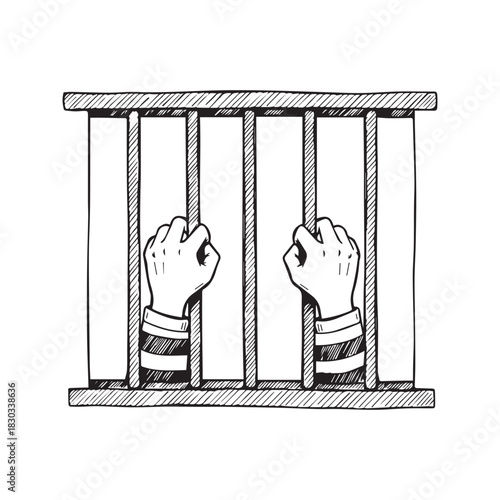 Hands Holding Prison Bars Sketch Icon Vector Illustration of Incarceration or Jail Concept Isolated on White Background
