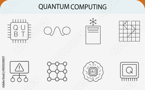 quantum computing line icon set, qubit brain technology vector symbols