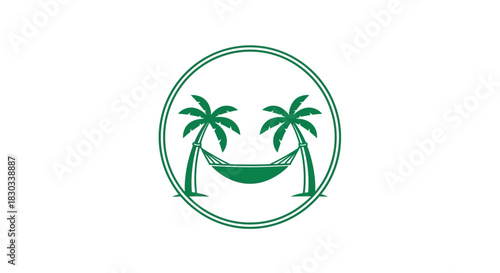 Green circle logo with palm trees and hammock, evoking relaxation and vacation vibes.