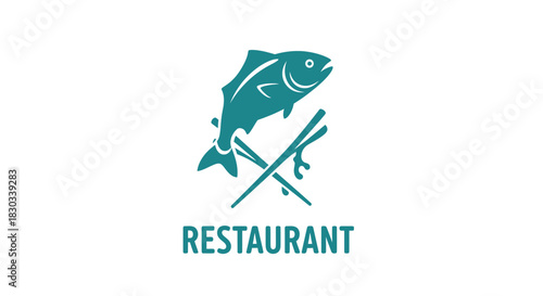 Logo of a restaurant with a fish and chopsticks.