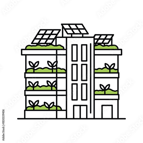 Sustainable city building with solar panels and green spaces