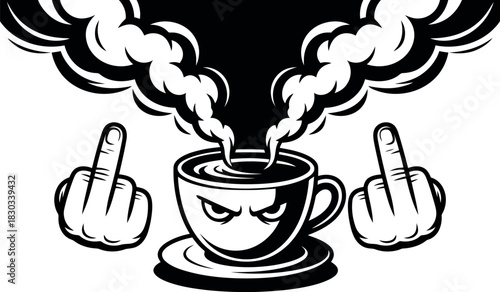 Angry coffee cup with steam and middle fingers raised vector