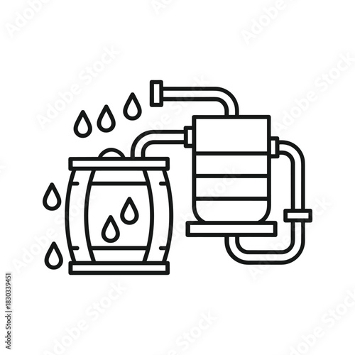 Water purification system process with barrel and drops icon.
