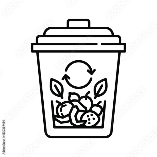 Compost bin with organic waste and green recycle symbol line art