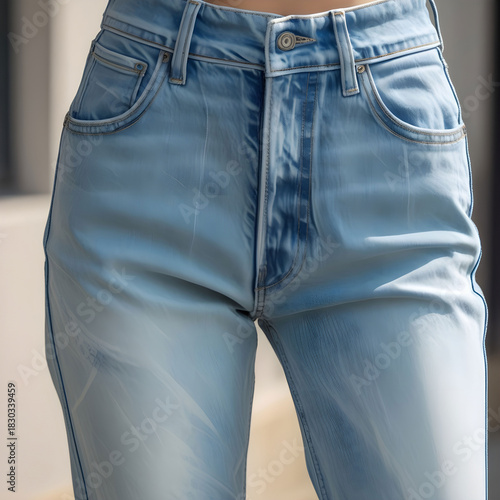 Light blue high-waist mom jeans with relaxed fit, vintage seams.